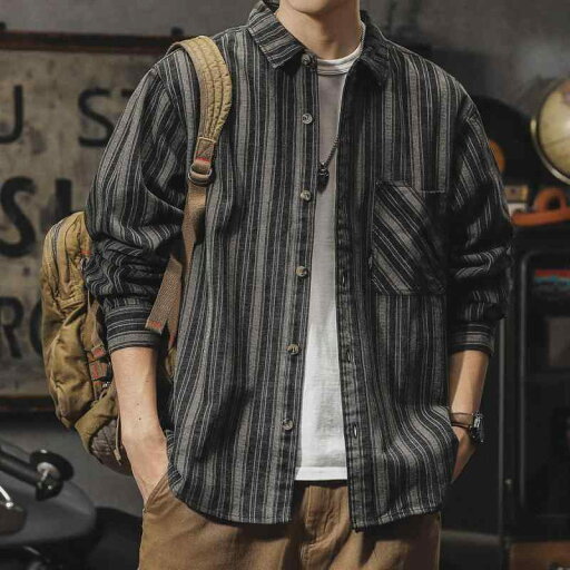 トップス シャツ ジャケット メンズ カジュアル おしゃれ 普段着 アメリカン レトロ 黒 グレーストライプ 春秋 大きいサイズ 長袖 インチ トップス シャツ ジャケット メンズ カジュアル おしゃれ 普段着 アメリカン レトロ 黒 グレーストライプ 春秋 大きいサイズ 長袖 インチ