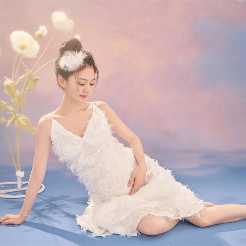 マタニティ フォト 衣装 おしゃれ 記念 写真 美しい 白 ドレス 妊婦 スタジオ 魅惑 フリーサイズ ホワイト キャミソールワンピース スカート