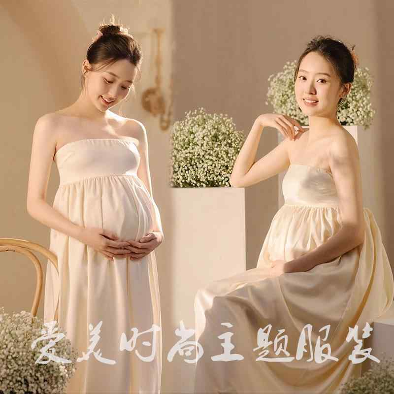 マタニティ おしゃれ フォト 衣装 シャンパンカラー シンプル 写真 スタジオ さわやか 美しい 妊婦 チューブトップ ドレス フリーサイズ
