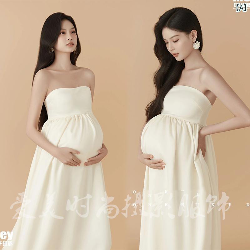 マタニティ おしゃれ フォト 衣装 韓国 レトロ 写真 スタジオ 妊婦 美しい 白 チューブトップ ロング スカート フリーサイズ シャンパン