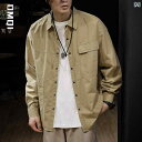 長袖 シャツ メンズ 春秋 アメリカン トップス ジャケット レトロ デニム 柔らかい光沢 前開きボタン 襟 アウター 無地 単 シンプル ボタン装飾 カバー付ポケット装飾 バッジ刺繍装飾 綿 コットン カジュアル レジャー ワークシャツ