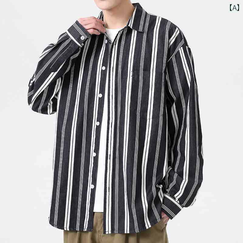 カジュアル シャツ ストライプ メンズ ファッション ゆったり アメリカン レトロ 長袖 綿 長袖 ジャケット 春秋 トップス メンズ(4)