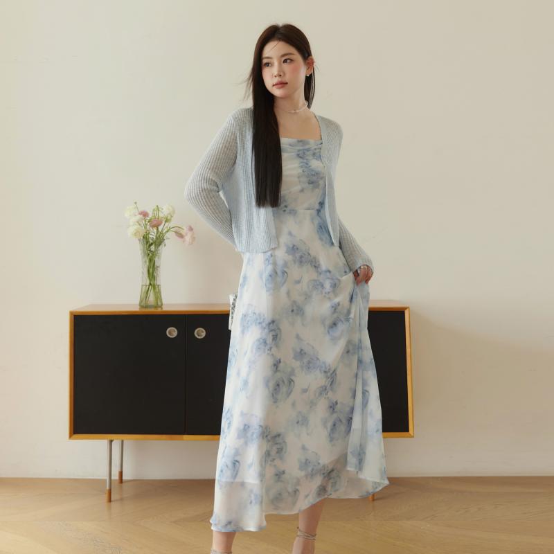 ワンピース おしゃれ レディース 婦人服 大きめサイズ ゆったり ぽっちゃり ワンピ ドレス 花柄 ノースリーブ カーディガン 長袖 シフォン 薄手 夏(4)
