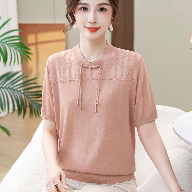 レディース ミセス マダムファッション チャイナ風 婦人服 夏 薄手 半袖 若見え 夏 半袖 Tシャツ トップス クロップドパンツ ゆったりタイプ