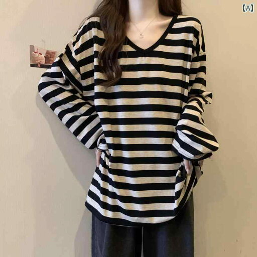レディース 大きめサイズ Vネック ストライプ Tシャツ 春 ゆったり お腹カバー スリム 長袖 トップス レディース 大きめサイズ Vネック ストライプ Tシャツ 春 ゆったり お腹カバー スリム 長袖 トップス