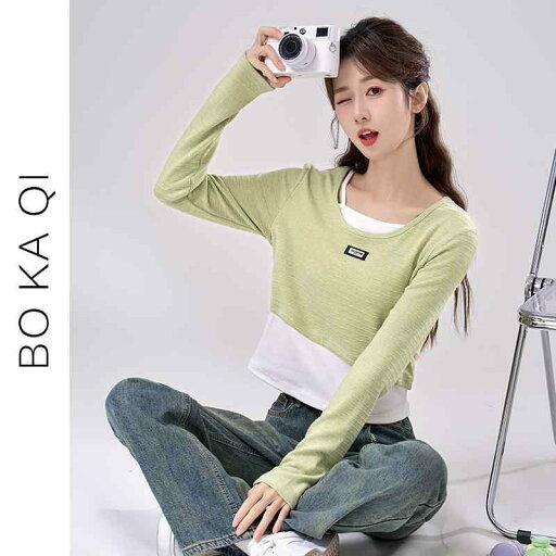 シャツ レディース ファッション 春 スクエアネック フェイク ツーピース スプライシング 長袖 Tシャツ 女性 ガーリー スリム 小さい インナー レイヤリング シャツ レディース ファッション 春 スクエアネック フェイク ツーピース スプライシング 長袖 Tシャツ 女性 ガーリー スリム 小さい インナー レイヤリング