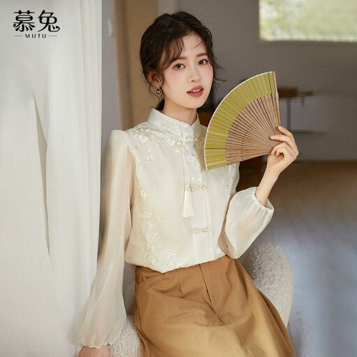 シャツ トップス レディース ファッション カレッジ 大人かわいい 中華風 スタンドカラー ボタン 女性 春 パフスリーブ シャツ トップス レディース ファッション カレッジ 大人かわいい 中華風 スタンドカラー ボタン 女性 春 パフスリーブ