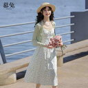 ドレス スカート レディース ファッション グリーン 小さい フレッシュ 花柄 女性 ガーリー 大人かわいい 夏 ニットカーディガン サスペンダー ツーピース(4)