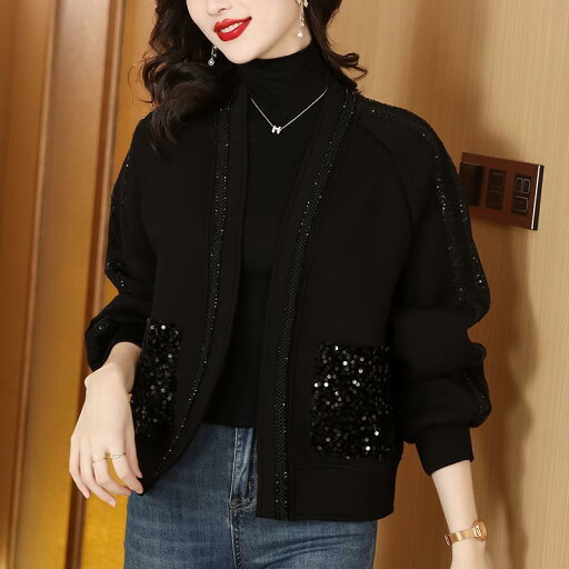 トップス コート レディース ファッション ミセス 婦人服 散りばめ 秋 ブラック ライト 高級感 シンプル 通勤 ショート トップス コート レディース ファッション ミセス 婦人服 散りばめ 秋 ブラック ライト 高級感 シンプル 通勤 ショート