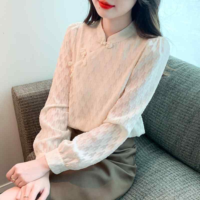 シャツ トップス シャツ レディース ブラウス 大人 かわいい ハイエンド 長袖 シフォンシャツ 女性 秋 中国 ボタン シック レース(4)
