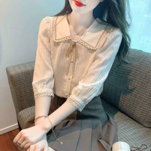 シャツ トップス シャツ レディース ブラウス 夏 大人 かわいい 爽か 七分袖 シフォンシャツ フレンチ ドール カラー ミッド スリーブ スリム シャツ トップス シャツ レディース ブラウス 夏 大人 かわいい 爽か 七分袖 シフォンシャツ フレンチ ドール カラー ミッド スリーブ スリム