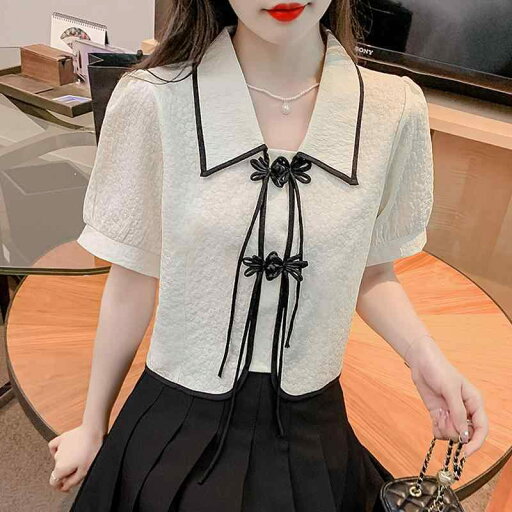 シャツ トップス レディース ブラウス おしゃれ シフォンシャツ 女性 夏 半袖 ショート カード ウエスト レトロ ボタン付き エスニック シャツ トップス レディース ブラウス おしゃれ シフォンシャツ 女性 夏 半袖 ショート カード ウエスト レトロ ボタン付き エスニック