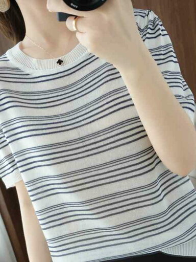 トップス レディース カジュアル おしゃれ 夏 綿 ストライプニット 半袖 ラウンドネック コットンリネン Tシャツ 韓国 西洋 若々しい 半袖 トップス レディース カジュアル おしゃれ 夏 綿 ストライプニット 半袖 ラウンドネック コットンリネン Tシャツ 韓国 西洋 若々しい 半袖