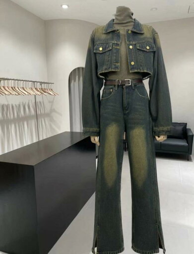 パンツ レディース ファッション セットアップ 冬 レトロ 裏起毛 ショート デニムジャケット + スリット ハイウエスト スーツ パンツ レディース ファッション セットアップ 冬 レトロ 裏起毛 ショート デニムジャケット + スリット ハイウエスト スーツ