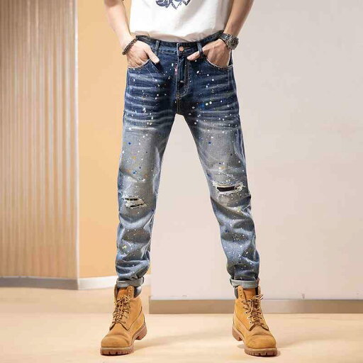 パンツ デニムパンツ メンズ 春秋 アメリカ ジーンズ 弾性 スリム ロング スプライシング 穴 スプラッシュ インク 穴 パッチ パンツ デニムパンツ メンズ 春秋 アメリカ ジーンズ 弾性 スリム ロング スプライシング 穴 スプラッシュ インク 穴 パッチ