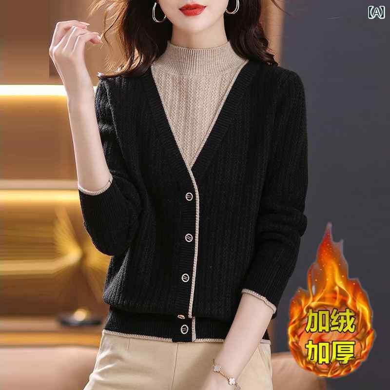 トップス シャツ レディース セーター 普段使い フェイク ツーピース セーター 女性 ショート 秋冬 ベルベット 厚底 女性 ゆったり 暖かい 服 女性