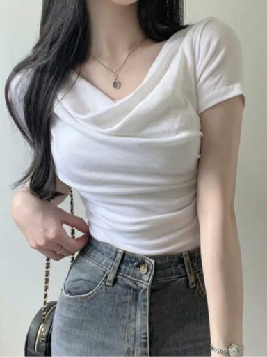 トップス レディース 韓国 シック 夏 若々しい スイング カラー スリム 弾性 半袖 Tシャツ スタイリッシュ ガール ショート 女性用 トップス レディース 韓国 シック 夏 若々しい スイング カラー スリム 弾性 半袖 Tシャツ スタイリッシュ ガール ショート 女性用