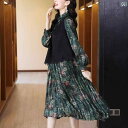レディース ワンピース ベスト 秋 2点セット ミモレ丈スカート 長袖 ドレス レトロ花柄 シフォンプリーツ ゆったり フェミニン 大人おしゃれ ミセス 訪問着 食事会(4)