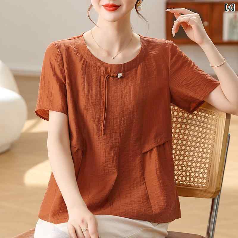 半袖シャツ トップス 夏服 レディース ゆったり 大きめサイズ ラウンドネック 薄手 涼しい 清涼感 シンプル おしゃれ 普段使い フェミニン プレゼント 休日 ファッション(4)