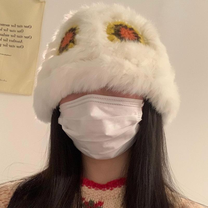 秋 冬 ニット ウール 帽子 防寒 あったかい ナショナル ファッション 女性 ウサギ 毛皮 ライオン 漁師 もこもこ 顔 小さい 暖かい
