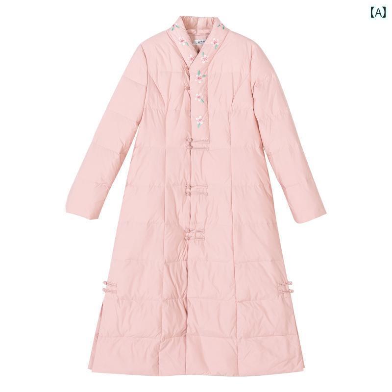 ジャケット 冬 ロング ダウン 中華風 バックル レトロ 漢服 女性 ライト ミドル丈 中華風 厚手 チャイナ