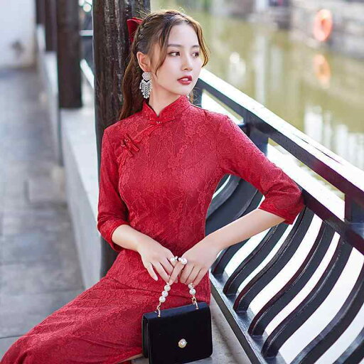 ドレス 秋 冬 チャイナ エレガント レース ロング 七分袖 デイリー ウエスト スリム 中国 女性 ドレス 秋 冬 チャイナ エレガント レース ロング 七分袖 デイリー ウエスト スリム 中国 女性