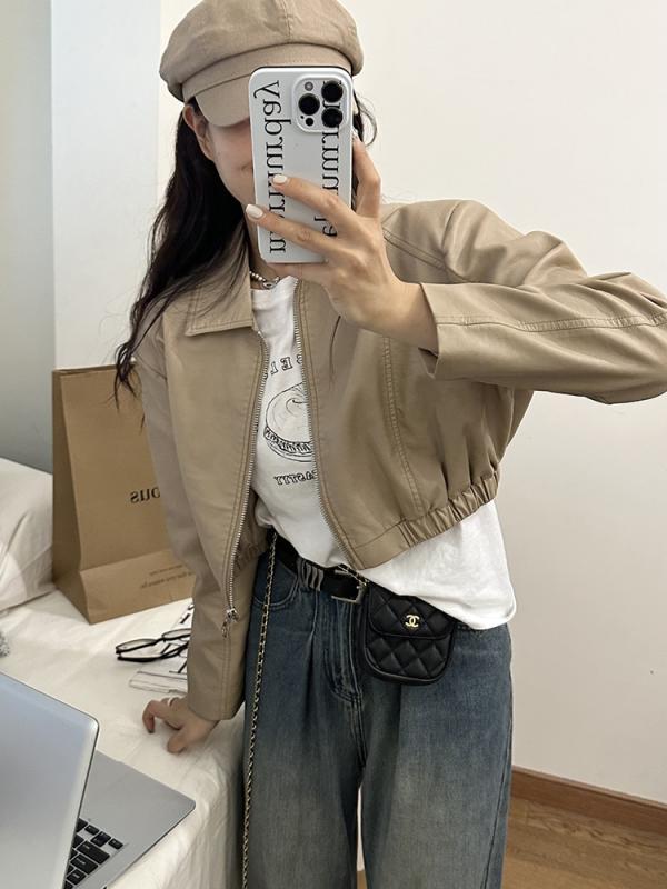 ジャケット 秋 服 レトロ 小さい ハイウエスト ショート ブラック Pu レザー オートバイ 女性(4)