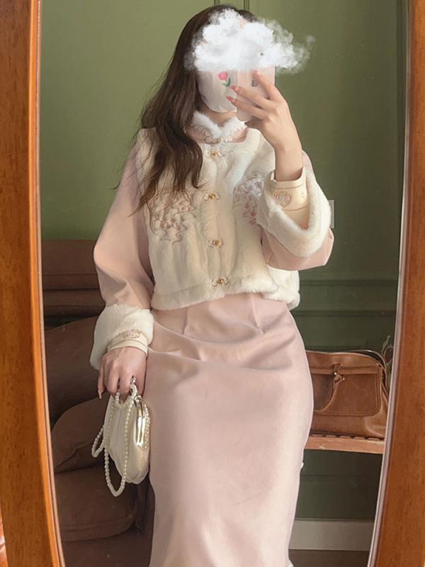 ドレス 冬 ウサギ チャイナ 女性 厚手 漢服 中華風 バックル ベスト チャイナ 2 点 セット