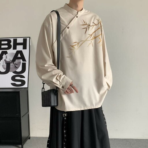 シャツ メンズ 秋 長袖 大輪 花 中華風 スタンドカラーグラデーション 竹 葉 プリント 斜め 前立て 木製 ラウンド ボタン シャツ メンズ 秋 長袖 大輪 花 中華風 スタンドカラーグラデーション 竹 葉 プリント 斜め 前立て 木製 ラウンド ボタン