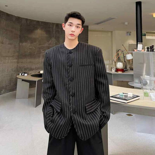 ジャケット メンズ 秋 春 カジュアル かっこいい ストライプスーツ ハイエンド 韓国 ファッション ノー カラー ショルダーパッド スーツ ジャケット メンズ 秋 春 カジュアル かっこいい ストライプスーツ ハイエンド 韓国 ファッション ノー カラー ショルダーパッド スーツ