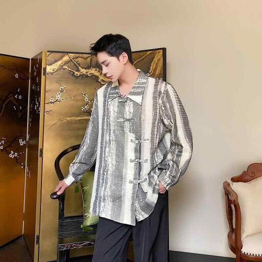 シャツ メンズ 長袖 トップス おしゃれ 質感 水墨 画 中華風 ボタン アップ ハイエンド 服 シャツ メンズ 長袖 トップス おしゃれ 質感 水墨 画 中華風 ボタン アップ ハイエンド 服
