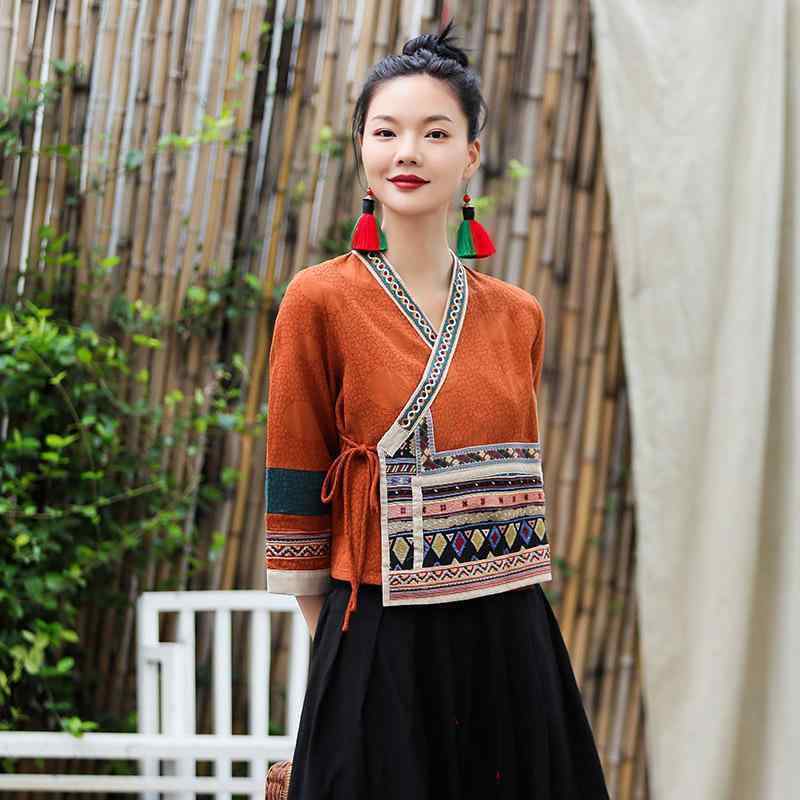 シャツ レディース アウター 民族風 綿麻 ジャカード 斜め ボタン 漢服小 刺繍 瞑想 茶