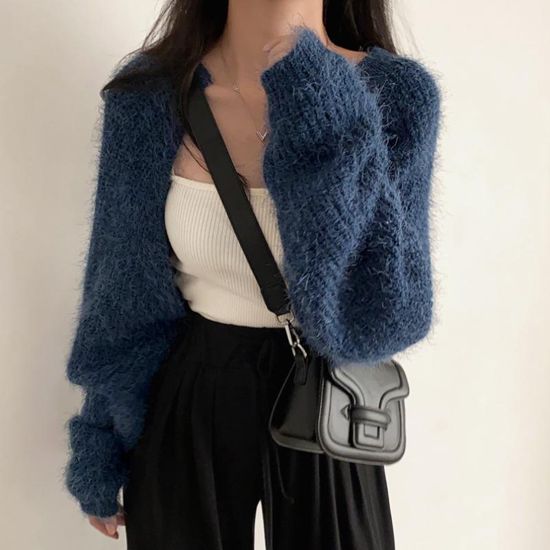 ジャケット 秋 冬 ニット 韓国 シック レトロ ソフト ワックス 状 暖かい モヘア ショート セーター 女性 カーディガン