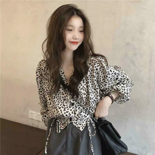 シャツ レディース 秋 トップス 巾着 ショート Vネック ヒョウ 柄 レトロ 女性 シャツ レディース 秋 トップス 巾着 ショート Vネック ヒョウ 柄 レトロ 女性