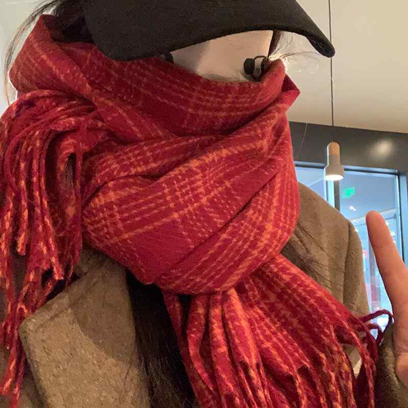 レディース 冬 ニット マフラー 新年 赤 両面 チェック柄 スカーフ 韓国 クリスマス 暖かい ショール デュアル スカーフ
