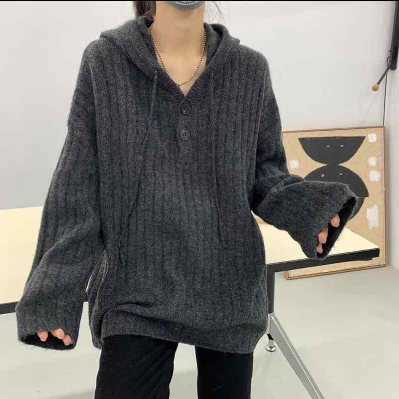 ジャケット レディース 秋 春 カジュアル ニット フード 巾着 プルオーバー セーター ソリッドカラー 厚手 ミドル丈 セーター