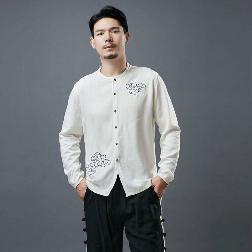 シャツ メンズ 長袖 中華風 綿 リネン ラウンドネック レトロ 白 底 刺繍 カーディガン 中国 トップス シャツ メンズ 長袖 中華風 綿 リネン ラウンドネック レトロ 白 底 刺繍 カーディガン 中国 トップス