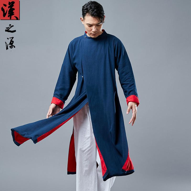 シャツ メンズ 秋 カジュアル 中華風 ファッション レトロ スリット 唐 スーツ 中国 スタンドカラー トップス ミドル丈 ロング