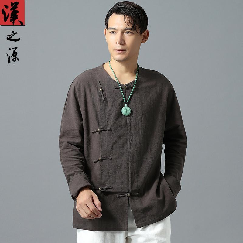 シャツ カジュアル 長袖 中華風 ファッション ラウンドネック 綿 リネン T レトロ 漢服 リネン T トップス(4)