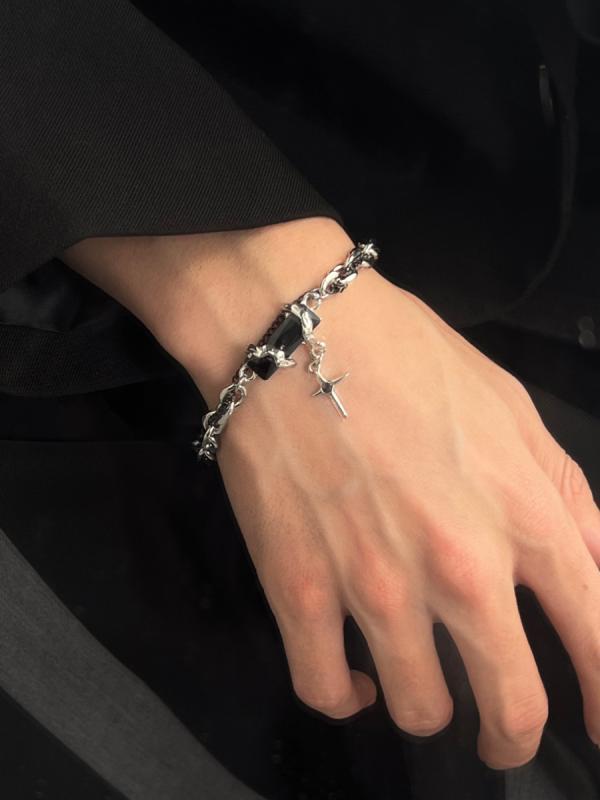 メンズ ブレスレット アメリカ ブラック ジェムストーン ヒップ ホップ ブレスレット 男子用 軽量 ハイエンド 女性用 ハンド ジュエリー ジュエリー
