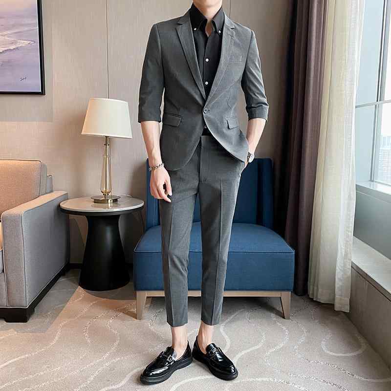 パンツ メンズ 夏 スラックス 韓国 スリムフィット テクスチャー ド 9 分 ミッド スリーブ 新郎 結婚式 スーツ 7 分 袖 スーツ