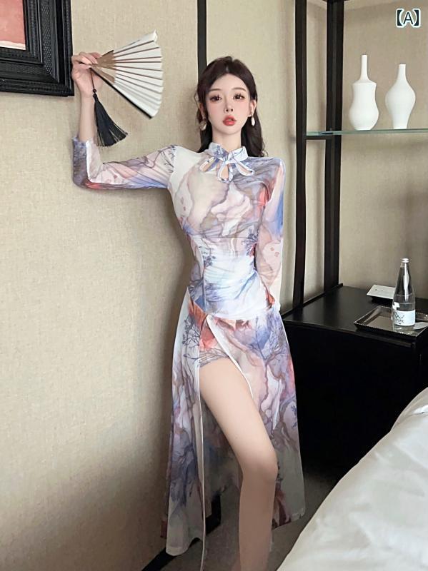 チャイナ ドレス セクシー タイト 女の子 魅惑 プリント ウエスト スリム ハイスリット ロング丈 夏 メッシュ 七分袖