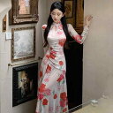チャイナドレス おしゃれ レディース ファッション 妖艶 女の子 レトロ メッシュ シースルー 透け感 プリント スリムフィット スカート 花柄 フェミニン エレガント(4)