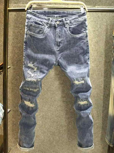 デニムパンツ リップド パッチ ジーンズ メンズ スリム フィット パンツ ファッション ステッチ パッチ ストレッチ デニム オールシーズン サンドブラスト デニムパンツ リップド パッチ ジーンズ メンズ スリム フィット パンツ ファッション ステッチ パッチ ストレッチ デニム オールシーズン サンドブラスト