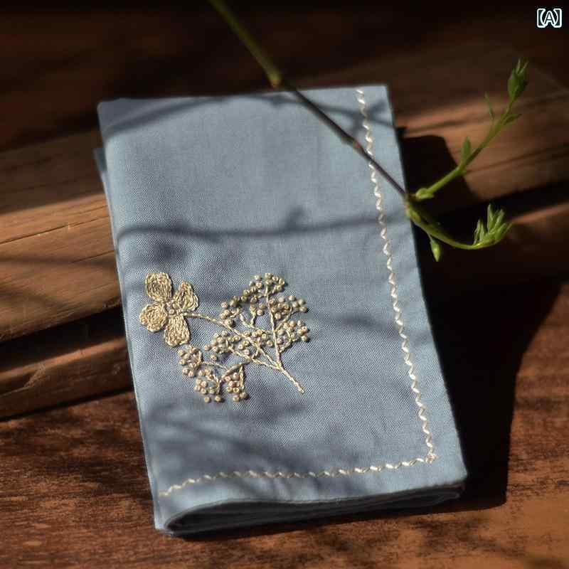 ハンカチ おしゃれ シンプル 刺繍 先染め 綿 レディース 優しい 二重層 吸汗 正方形 28*28cm レディース ボタニカル ステッチ