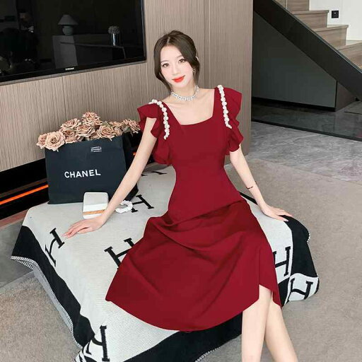 ドレス レディース デイリー 花嫁 フレンチスクエア ネック ビーズ レッド ドレス レディース 高貴 シンプル ドレス エレガント パール ミモレ丈 ドレス レディース デイリー 花嫁 フレンチスクエア ネック ビーズ レッド ドレス レディース 高貴 シンプル ドレス エレガント パール ミモレ丈