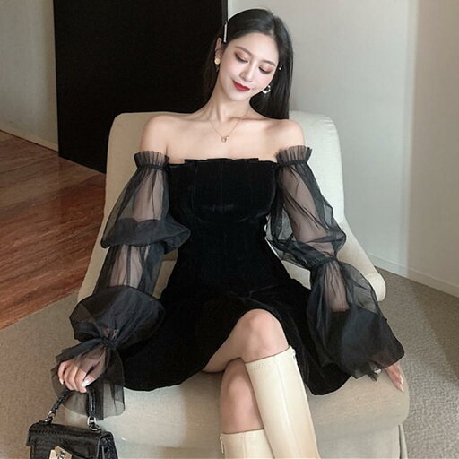 レディース ドレス 魅惑 ドレススカート レディース ライト パーティーレトロ ブラック起毛 半透明 長袖 初秋 綿 ニット生地 レディース ドレス 魅惑 ドレススカート レディース ライト パーティーレトロ ブラック起毛 半透明 長袖 初秋 綿 ニット生地