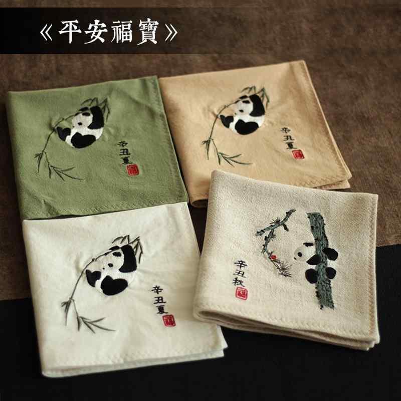 ハンカチ おしゃれ シンプル ジャイアントパンダ 刺繍 綿 チャイナ風 携帯 吸汗 スクエア プレゼント コットン 雑貨 かわいい