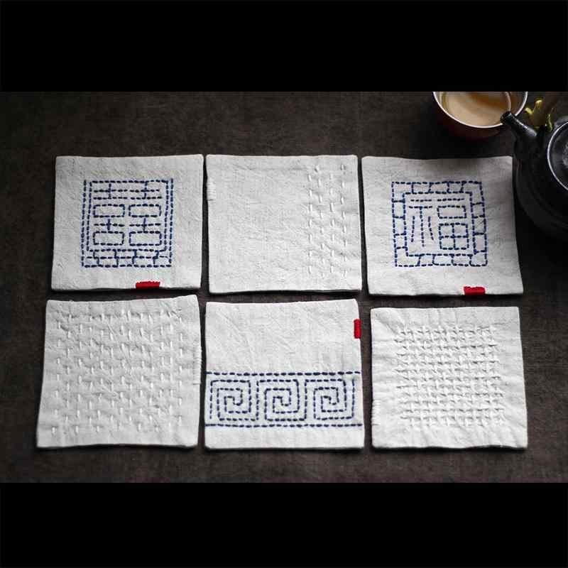 コースター 刺繍 手縫い 綿麻 ティーマット ティータオル レトロ 素朴 シンプル おしゃれ インテリア 雑貨 クラシック