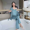 パジャマ ひんやり 涼しい 快適 レディース 秋冬 薄手 長袖 ズボン 上品 セクシー 3点 キャミソール 春夏 スーツ